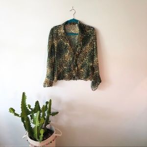 VINTAGE Silk Ruffle Green Animal Print Sheer Top